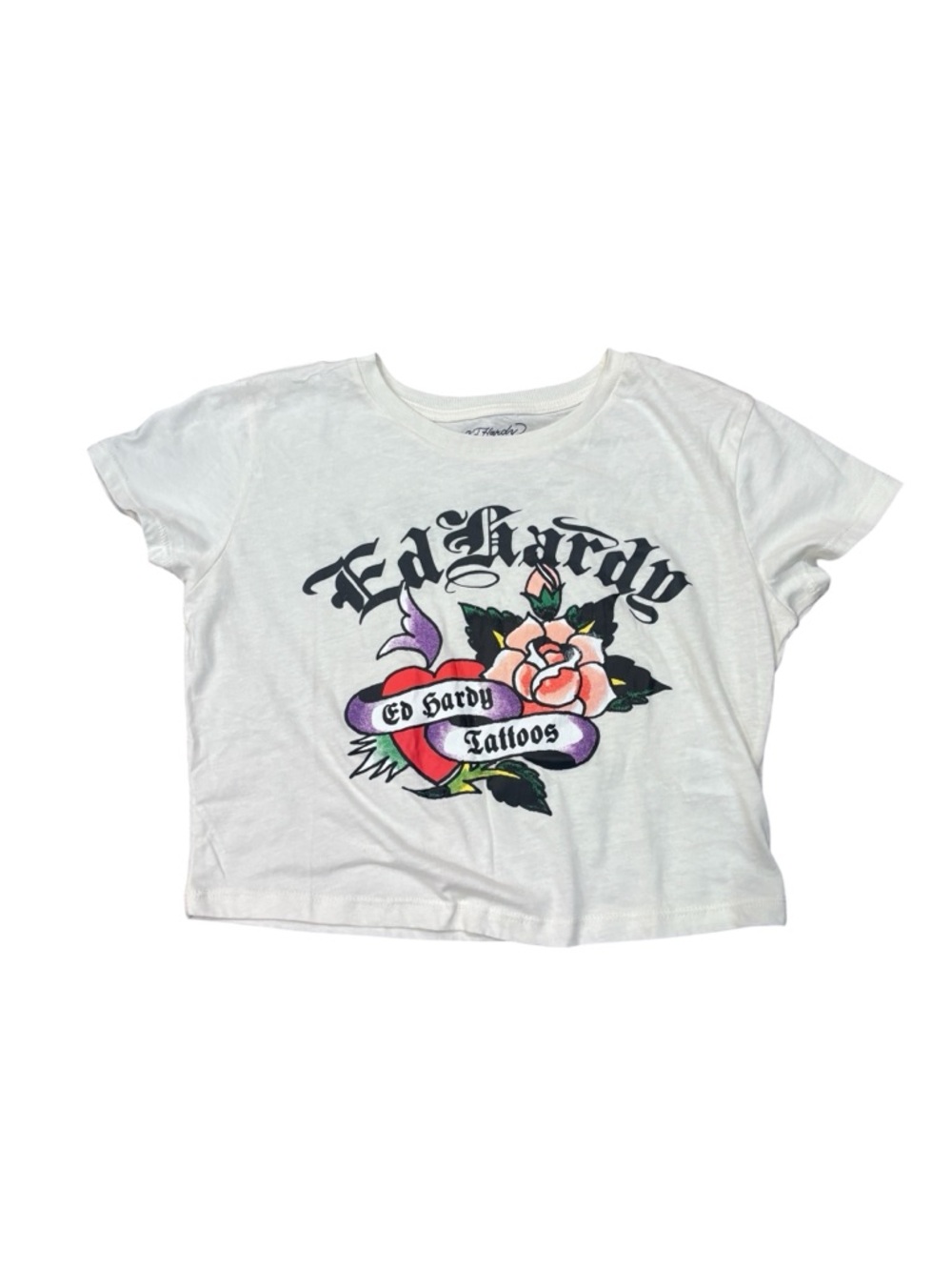 Ed Hardy Graphic Crop Tee Tattoo Rose Y2K Streetwear White Size Large NWT